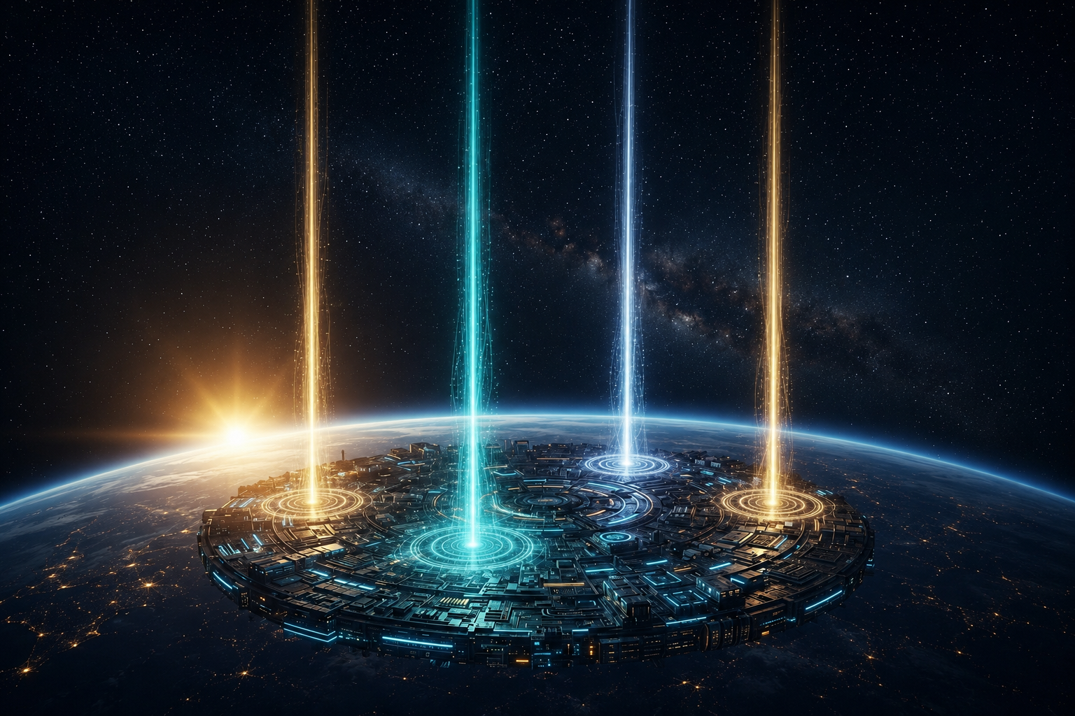 A vast circular technology platform above Earth's horizon at sunrise, with four beams of light rising into space